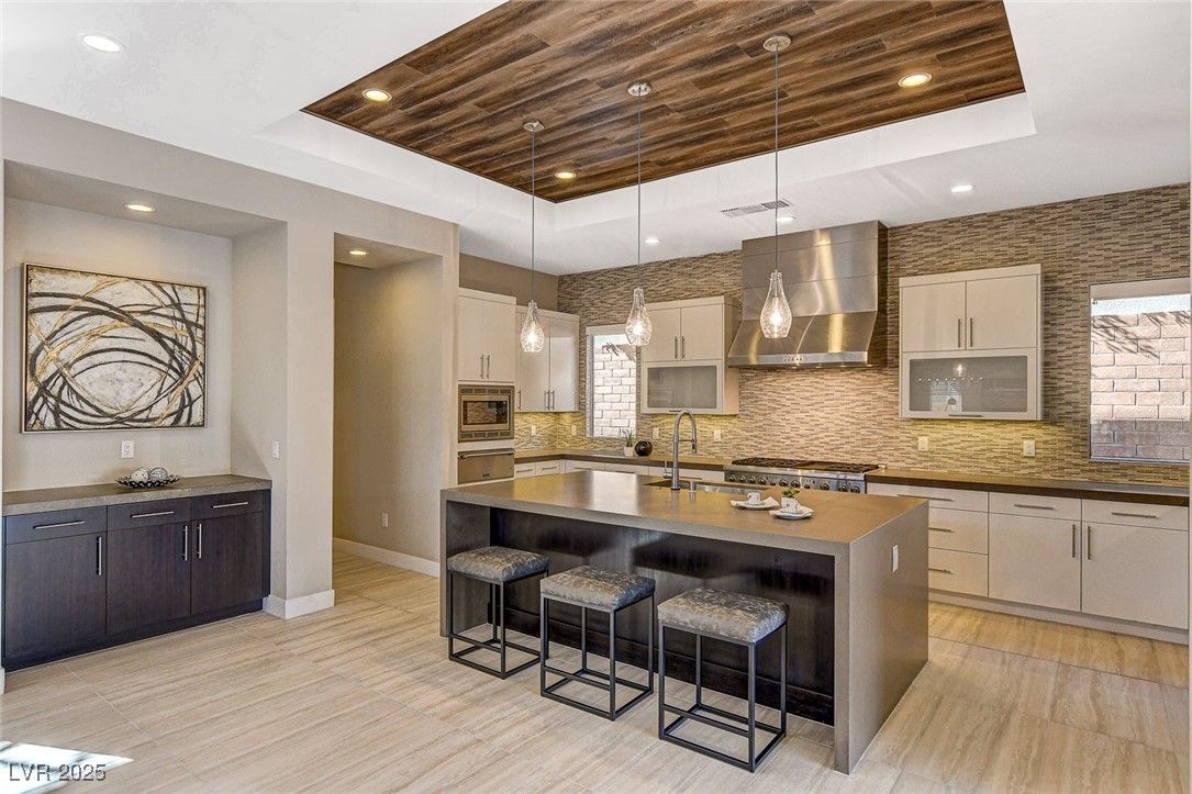 Interior, Kitchen, Pendant Lights, Recessed Lighting, Stainless Steel Appliances, Wooden Ceilings, Wood Texture Flooring