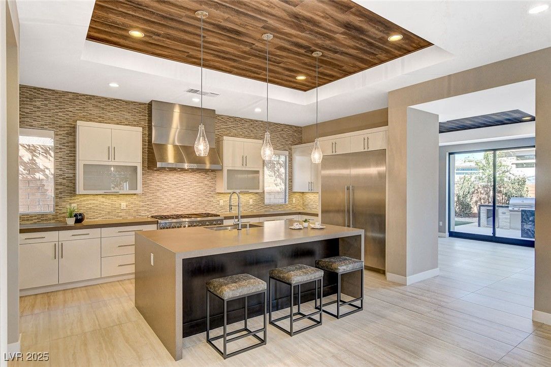 Interior, Kitchen, Pendant Lights, Recessed Lighting, Stainless Steel Appliances, Wooden Ceilings