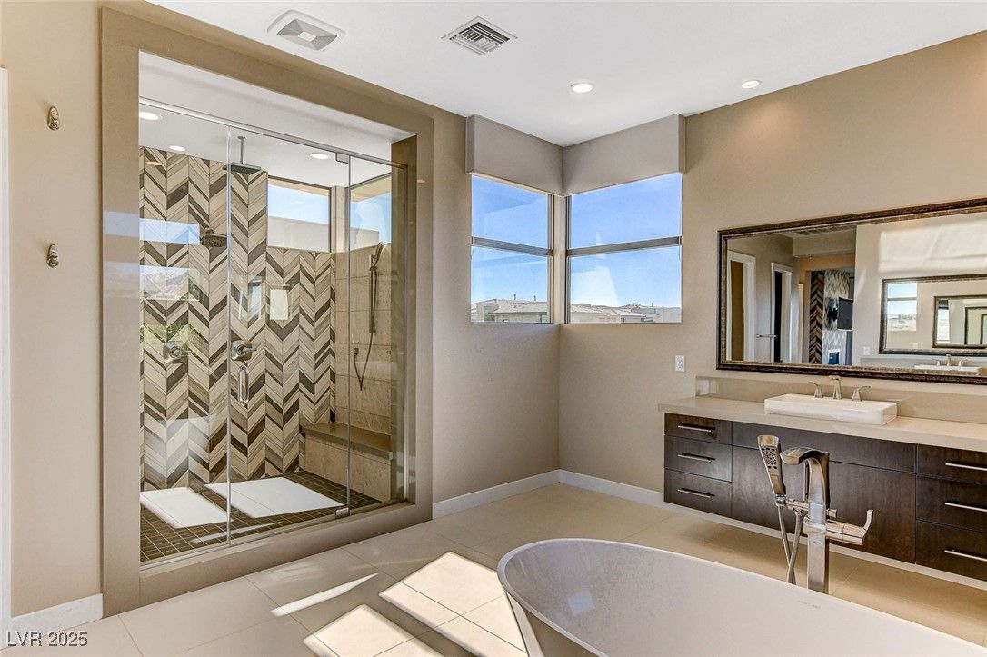 Bathroom, Free Standing Baths, Glass Shower, Interior, Recessed Lighting