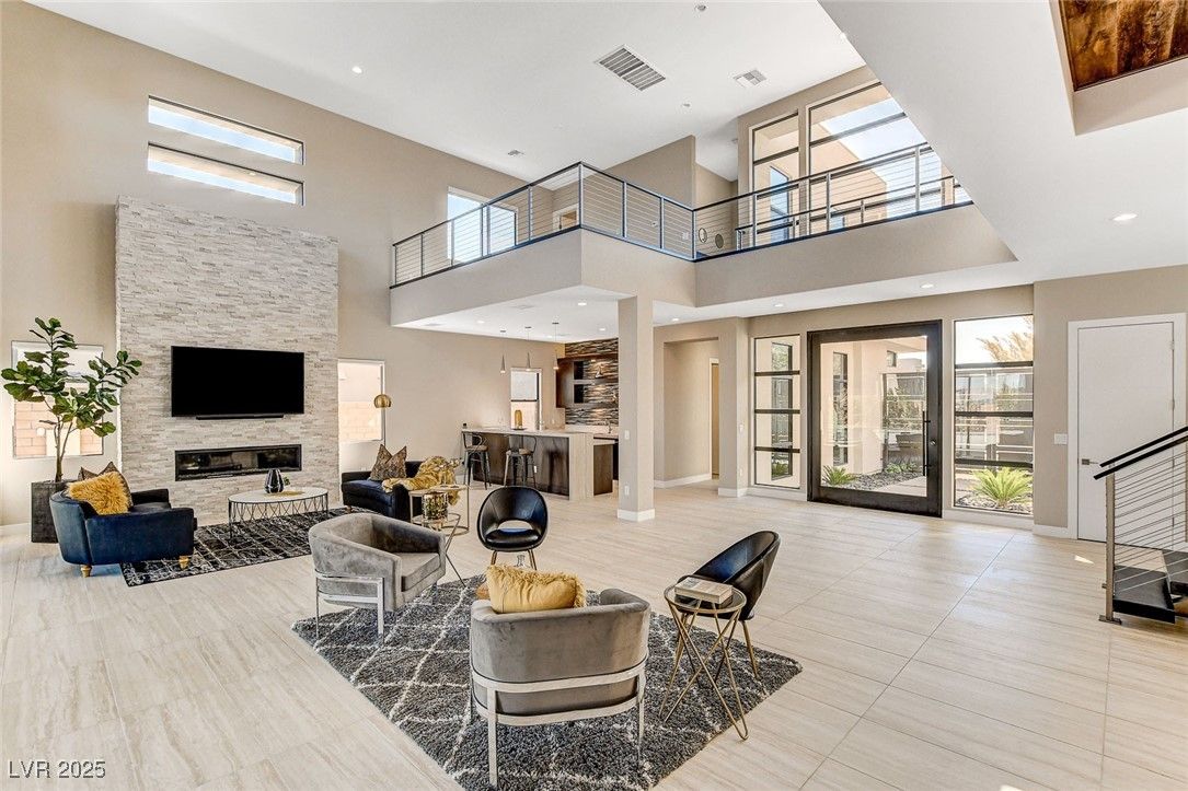 Fireplace, Interior, Living room, Recessed Lighting, Stone Walls