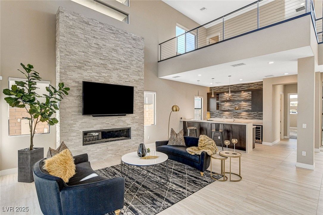 Fireplace, Interior, Living room, Pendant Lights, Recessed Lighting, Stone Walls