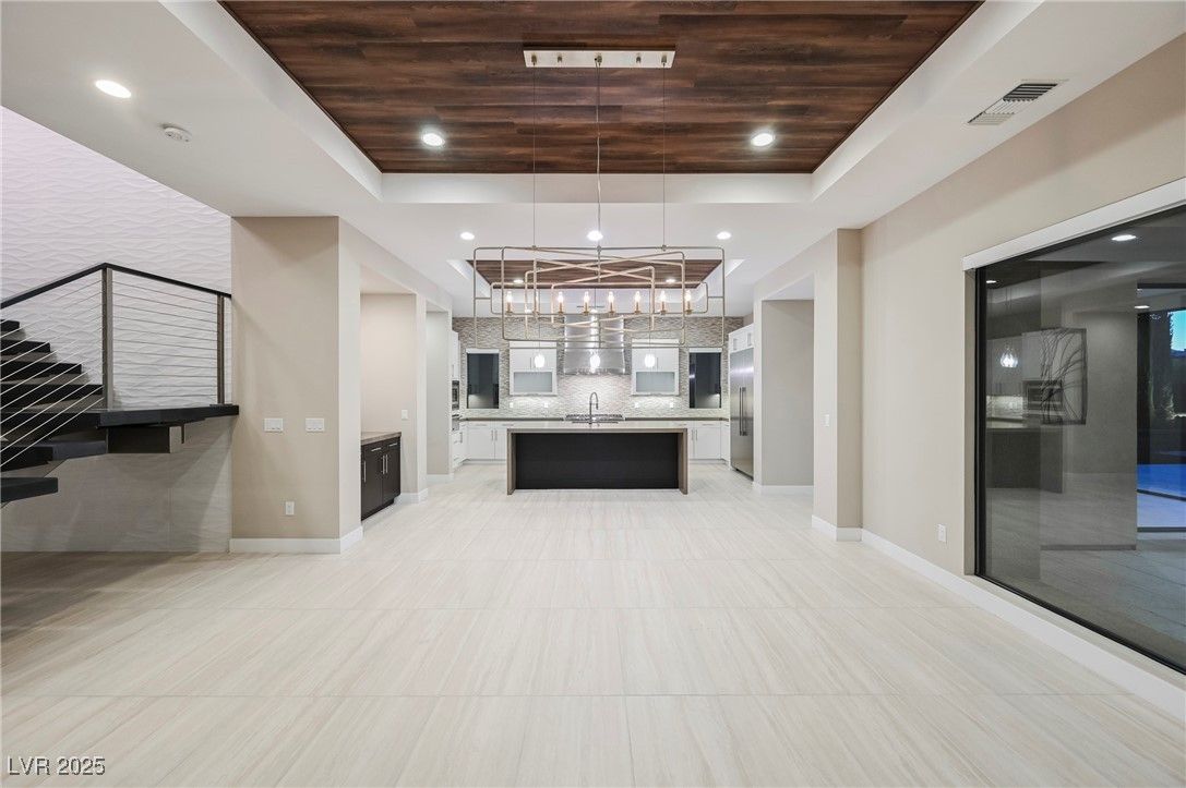 Interior, Kitchen, Pendant Lights, Recessed Lighting, Stainless Steel Appliances, Wooden Ceilings