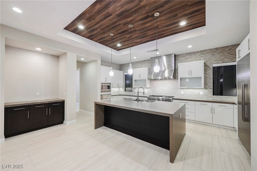 Interior, Kitchen, Pendant Lights, Recessed Lighting, Stainless Steel Appliances, Wooden Ceilings