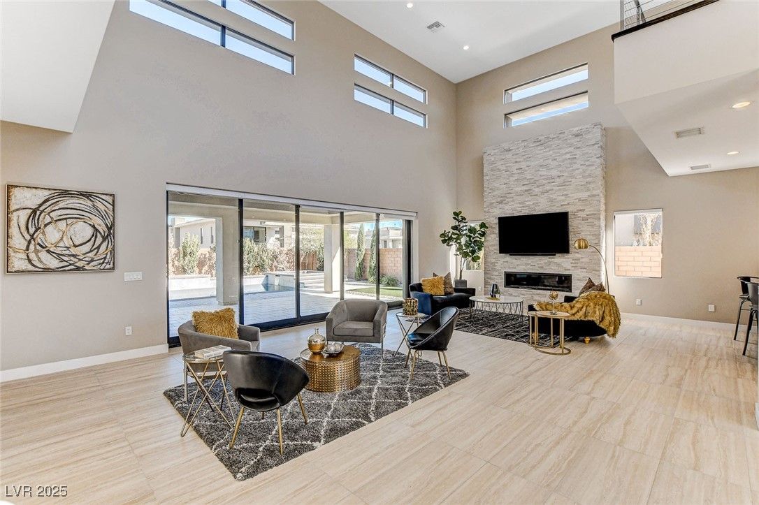 Fireplace, Interior, Living room, Recessed Lighting, Stone Walls