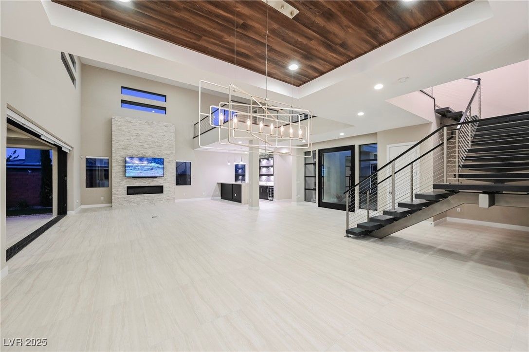 Fireplace, Interior, Marble, Pendant Lights, Recessed Lighting, Wooden Ceilings