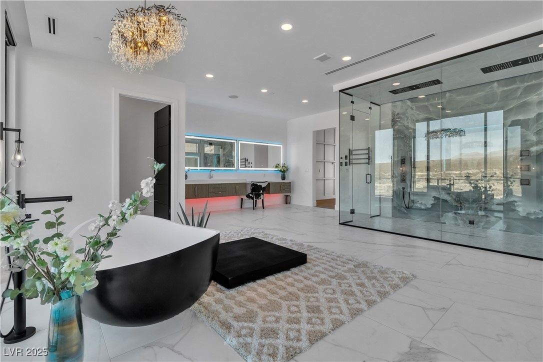 Bathroom, Chandelier, Glass Shower, Interior, Marble, Recessed Lighting