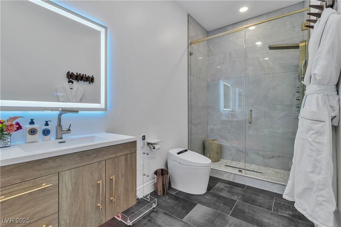 Bathroom, Glass Shower, Interior, Marble Walls, Recessed Lighting