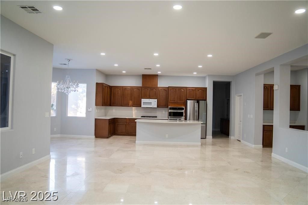 Chandelier, Interior, Kitchen, Recessed Lighting, Stainless Steel Appliances