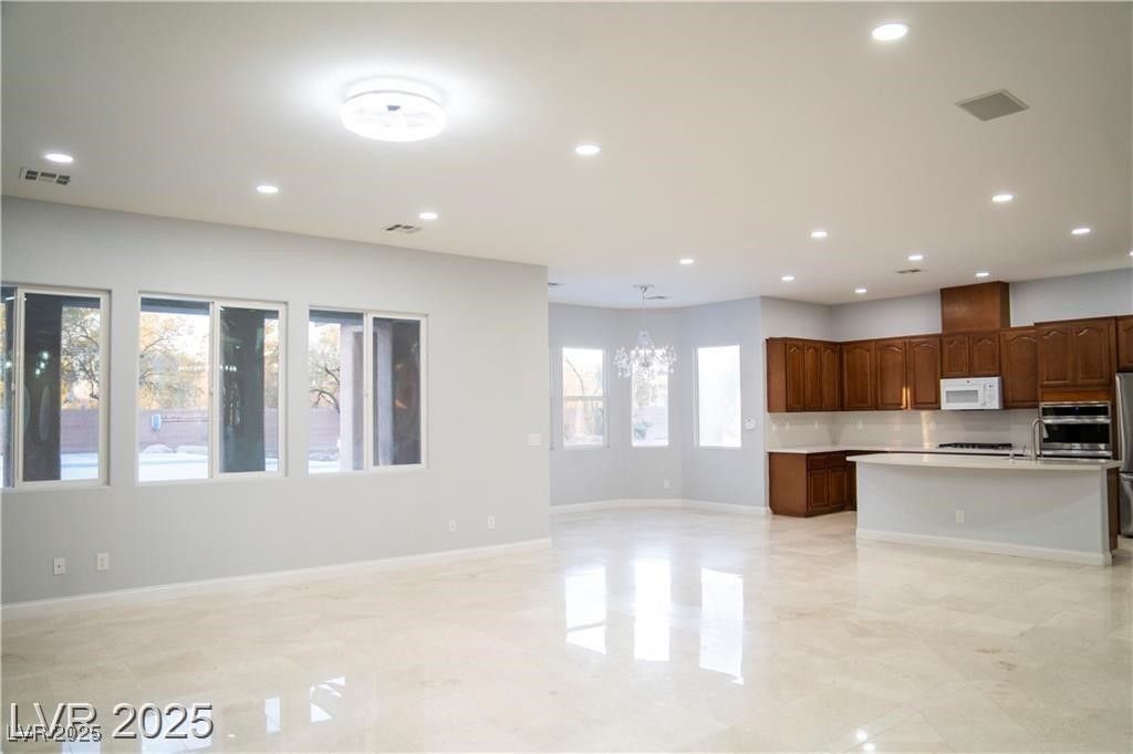 Chandelier, Empty room, Interior, Kitchen, Recessed Lighting, Stainless Steel Appliances