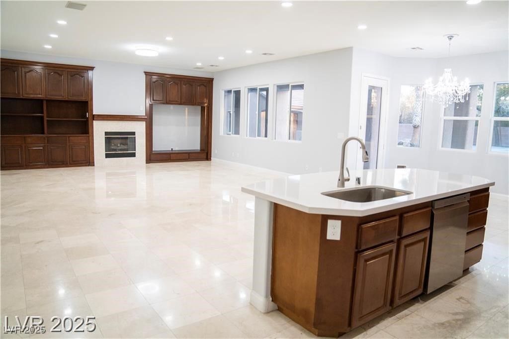 Chandelier, Fireplace, Interior, Kitchen, Recessed Lighting