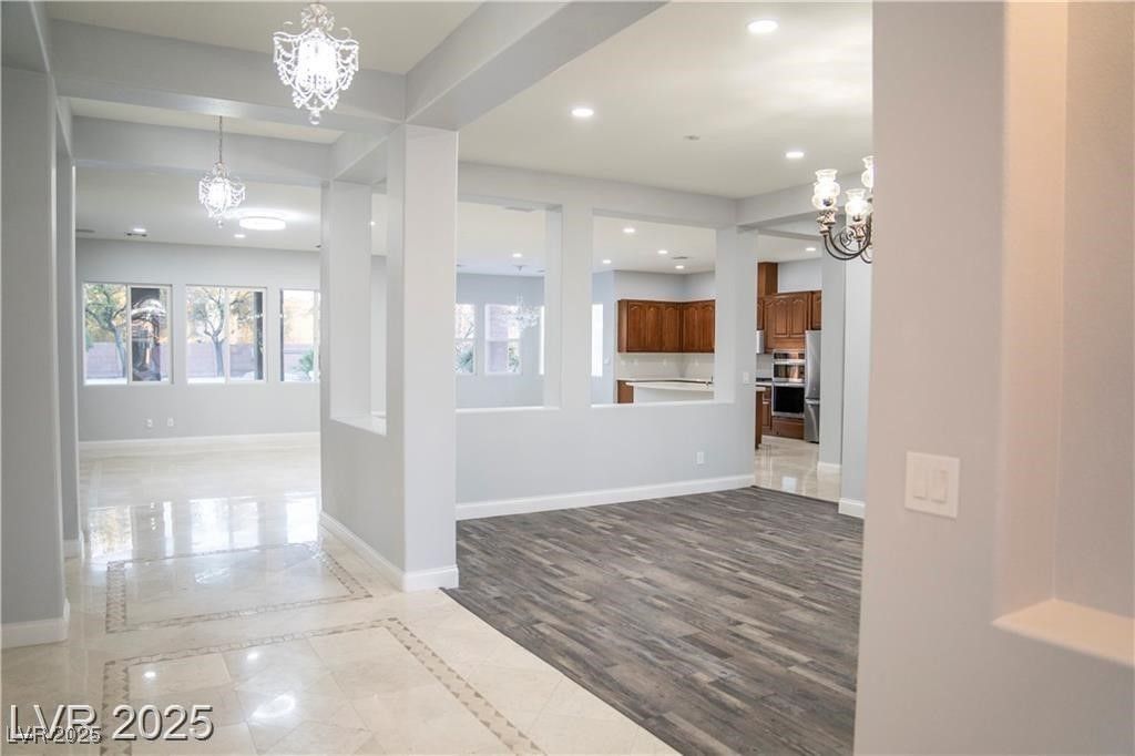 Chandelier, Empty room, Interior, Kitchen, Pendant Lights, Recessed Lighting, Wood Texture Flooring