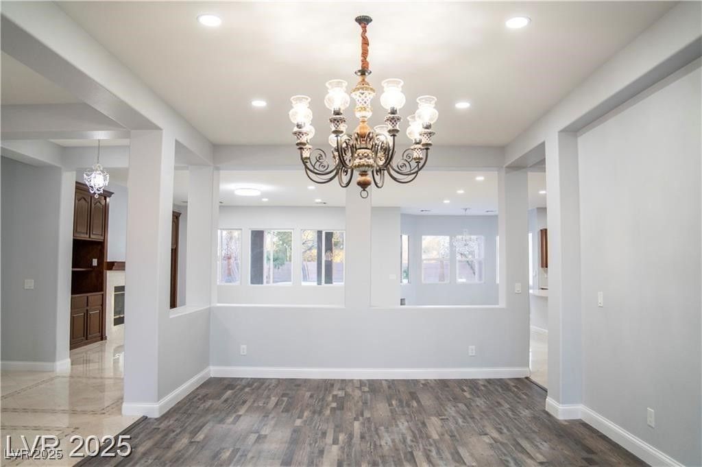Chandelier, Empty room, Interior, Recessed Lighting, Wood Texture Flooring