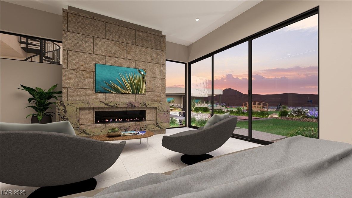 Fireplace, Interior, Living room, Recessed Lighting, Stone Walls