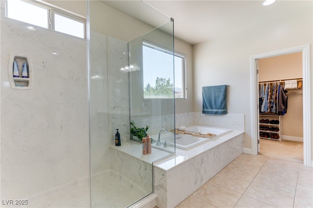 Bathroom, Glass Shower, Interior, Marble Walls, Recessed Lighting, Walk-in Closets
