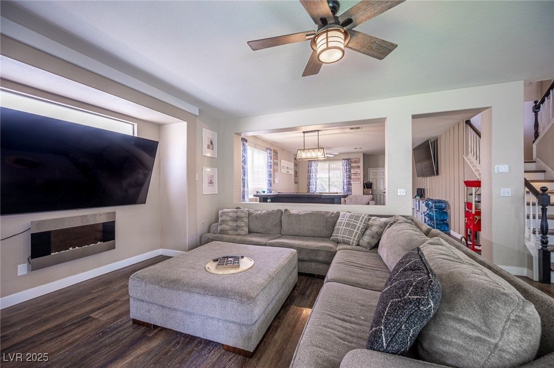 Fireplace, Interior, Living room, Pendant Lights, Wood Texture Flooring