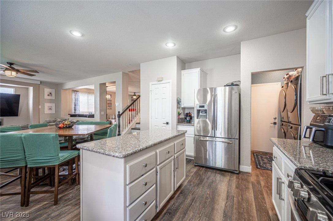 Dining room, Interior, Kitchen, Recessed Lighting, Stainless Steel Appliances, Wood Texture Flooring