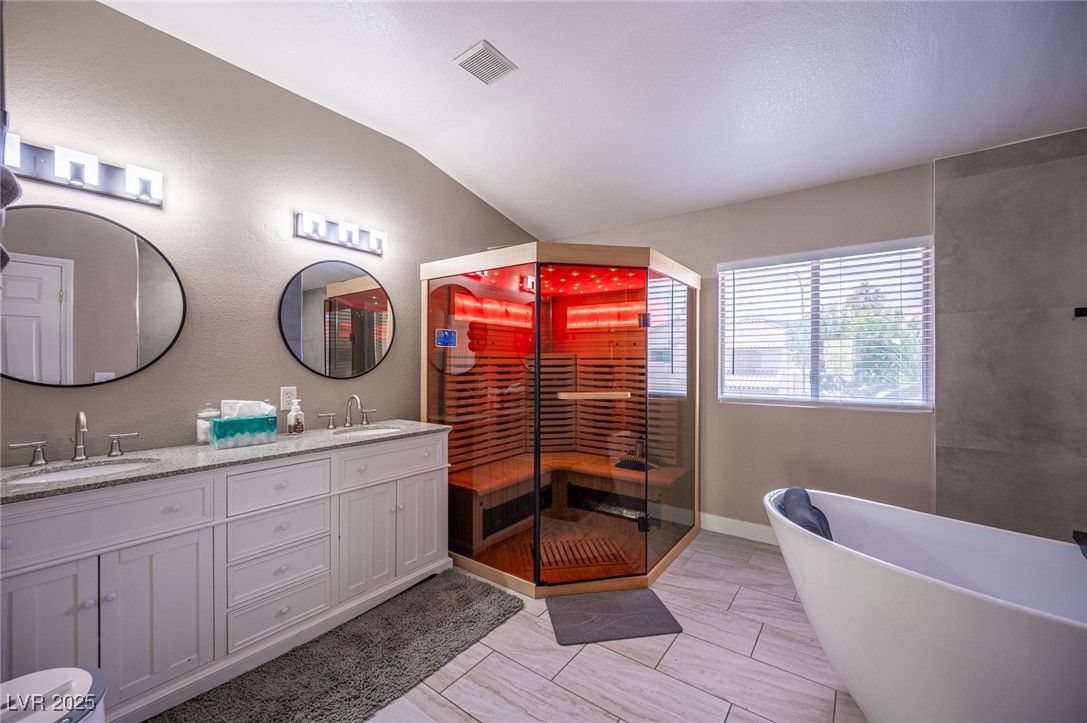 Bathroom, Dual Sink Vanities, Free Standing Baths, Glass Shower, Interior, Sauna Room