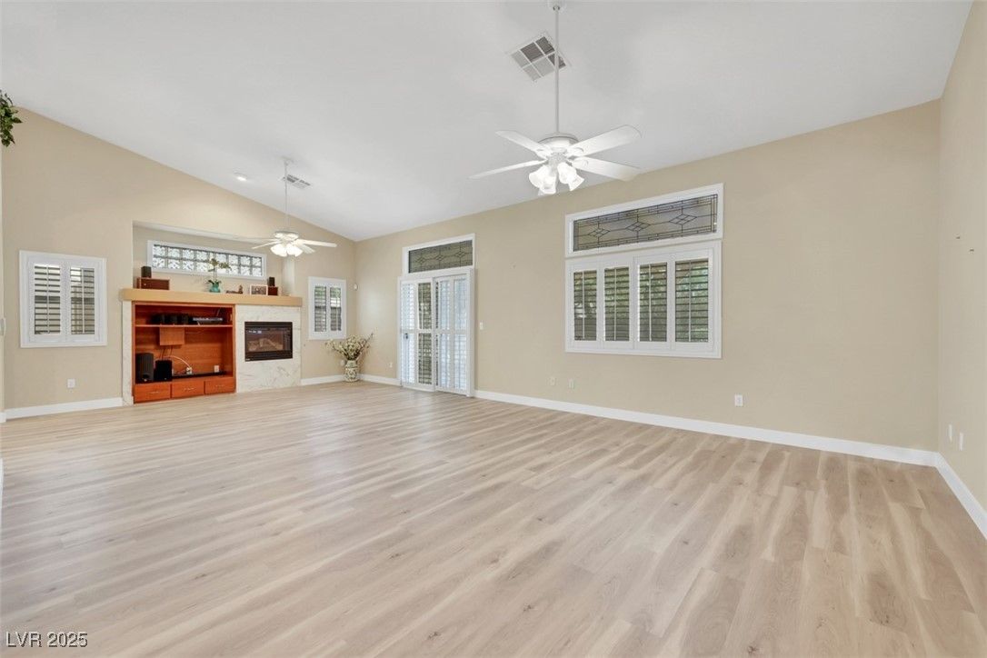 Empty room, Fireplace, Interior, Recessed Lighting, Wood Texture Flooring