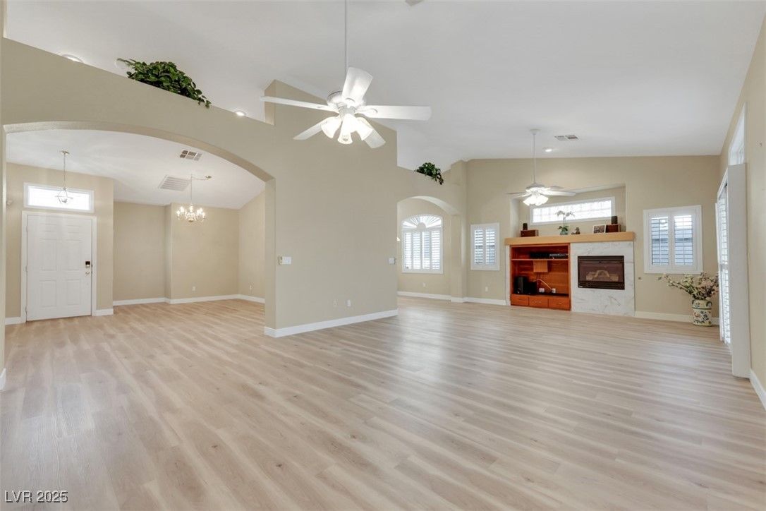 Chandelier, Empty room, Fireplace, Interior, Wood Texture Flooring