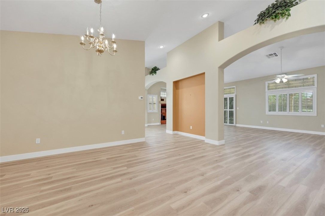 Chandelier, Empty room, Interior, Recessed Lighting, Wood Texture Flooring