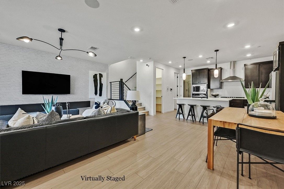Dining room, Interior, Kitchen, Living room, Pendant Lights, Recessed Lighting, Stainless Steel Appliances, Wood Texture Flooring