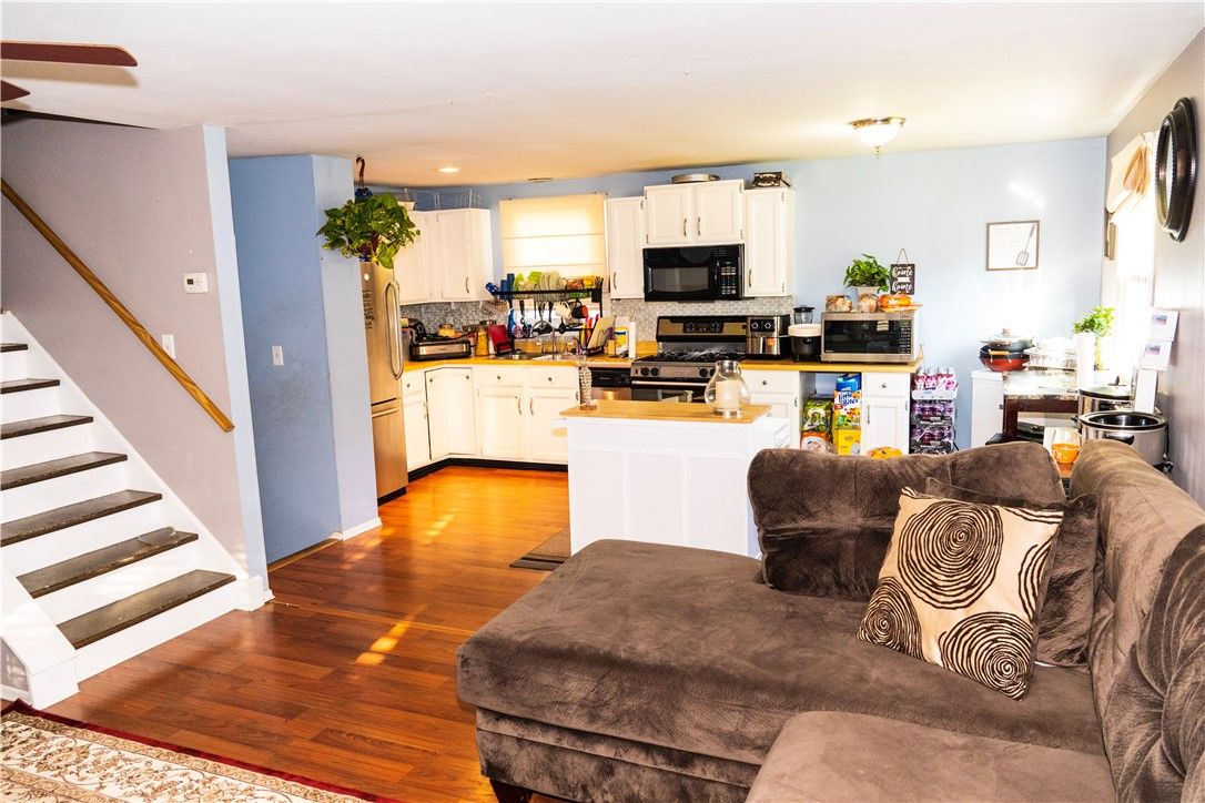 Interior, Kitchen, Living room, Recessed Lighting, Stainless Steel Appliances, Wood Texture Flooring