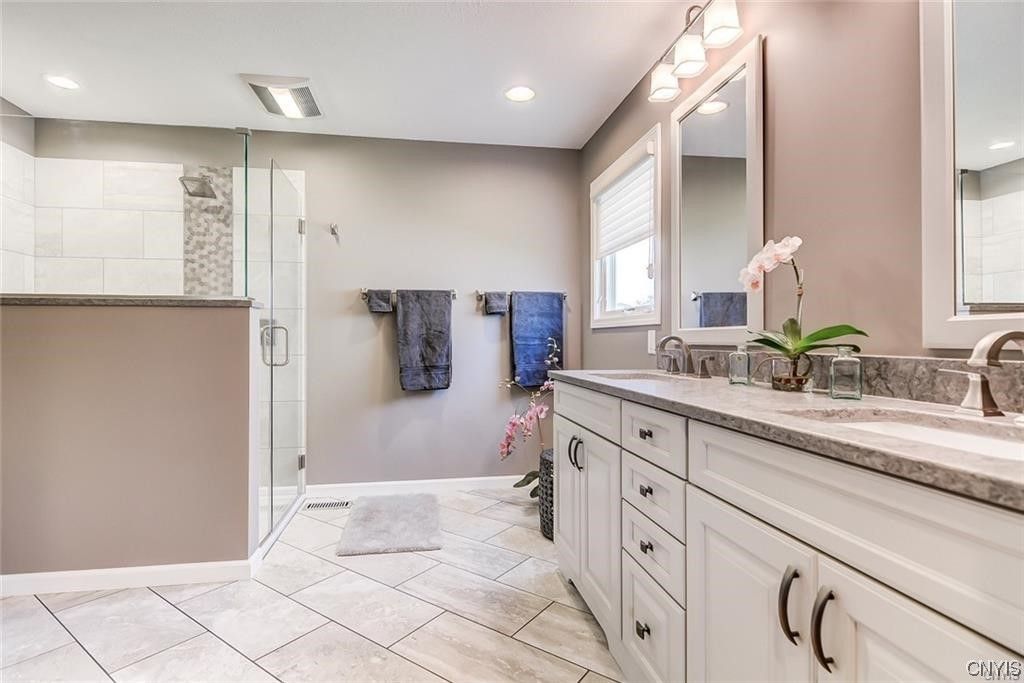 Bathroom, Dual Sink Vanities, Glass Shower, Interior, Recessed Lighting
