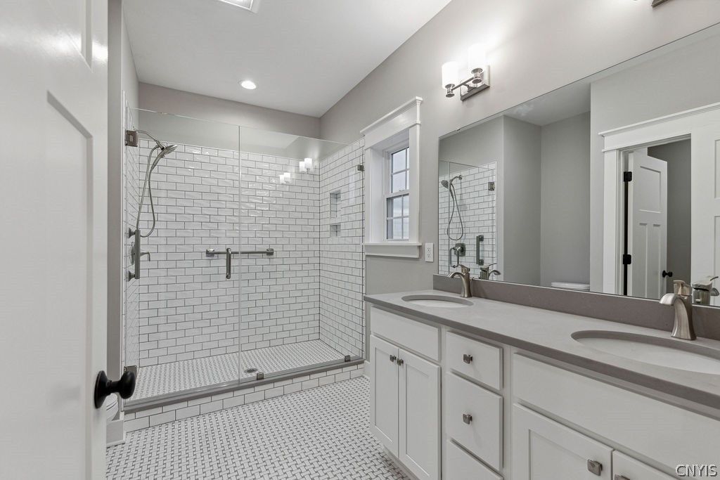 Bathroom, Dual Sink Vanities, Glass Shower, Interior, Recessed Lighting