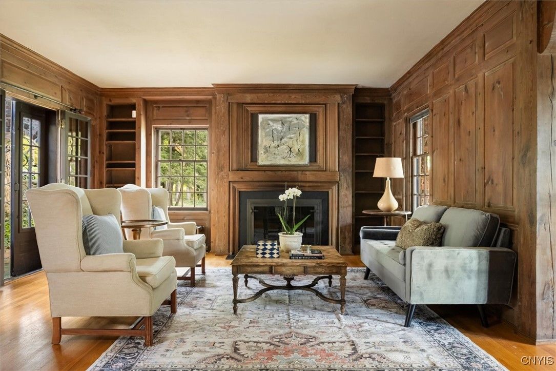 Fireplace, Interior, Living room, Wood Texture Flooring, Wooden Walls