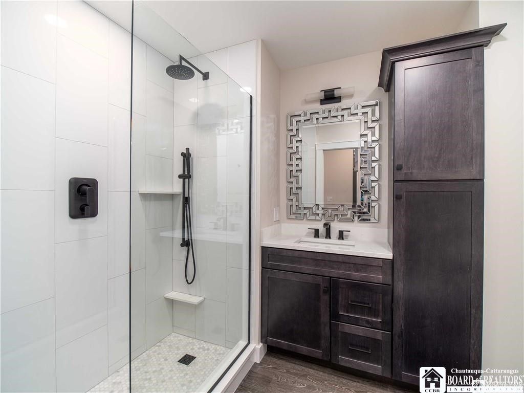 Bathroom, Glass Shower, Interior, Wood Texture Flooring