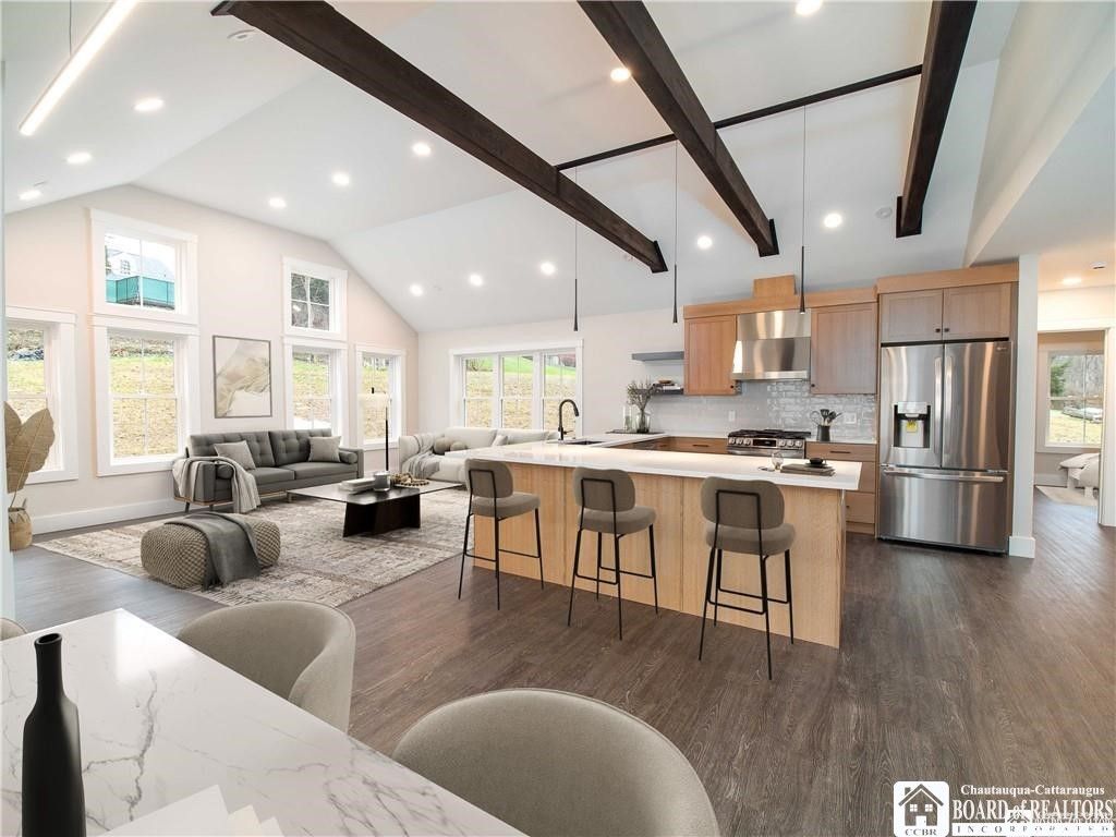 Interior, Kitchen, Living room, Pendant Lights, Recessed Lighting, Stainless Steel Appliances, Wooden Beams, Wood Texture Flooring
