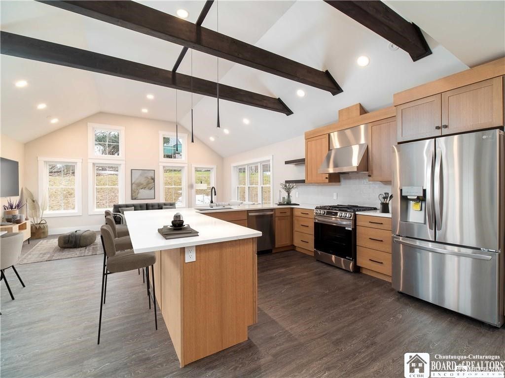 Interior, Kitchen, Recessed Lighting, Stainless Steel Appliances, Wooden Beams, Wood Texture Flooring