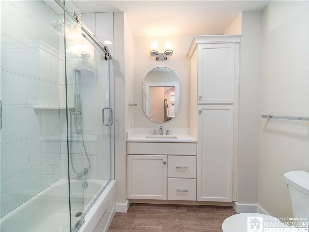 Bathroom, Glass Shower, Interior, Wood Texture Flooring