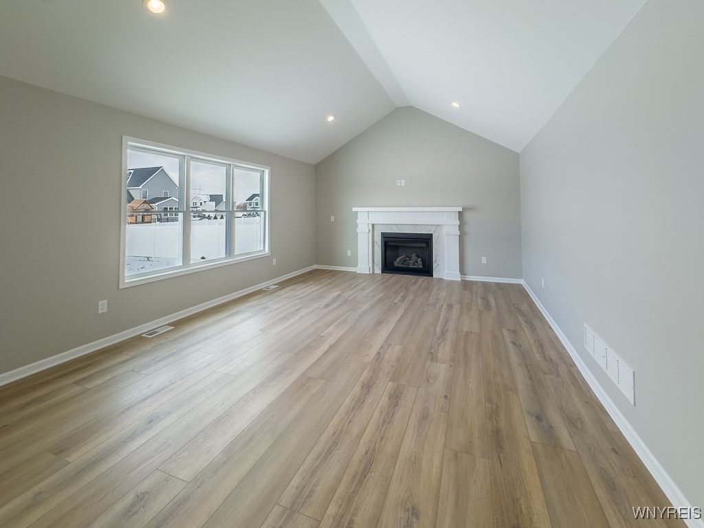 Empty room, Fireplace, Interior, Recessed Lighting, Wood Texture Flooring