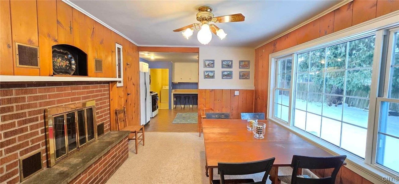 Dining room, Fireplace, Interior, Wooden Walls