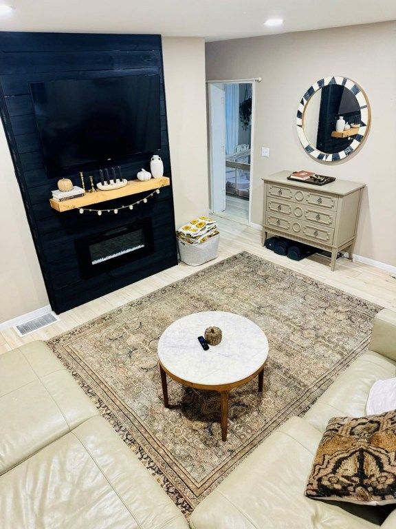 Fireplace, Interior, Living room, Recessed Lighting, Wood Texture Flooring
