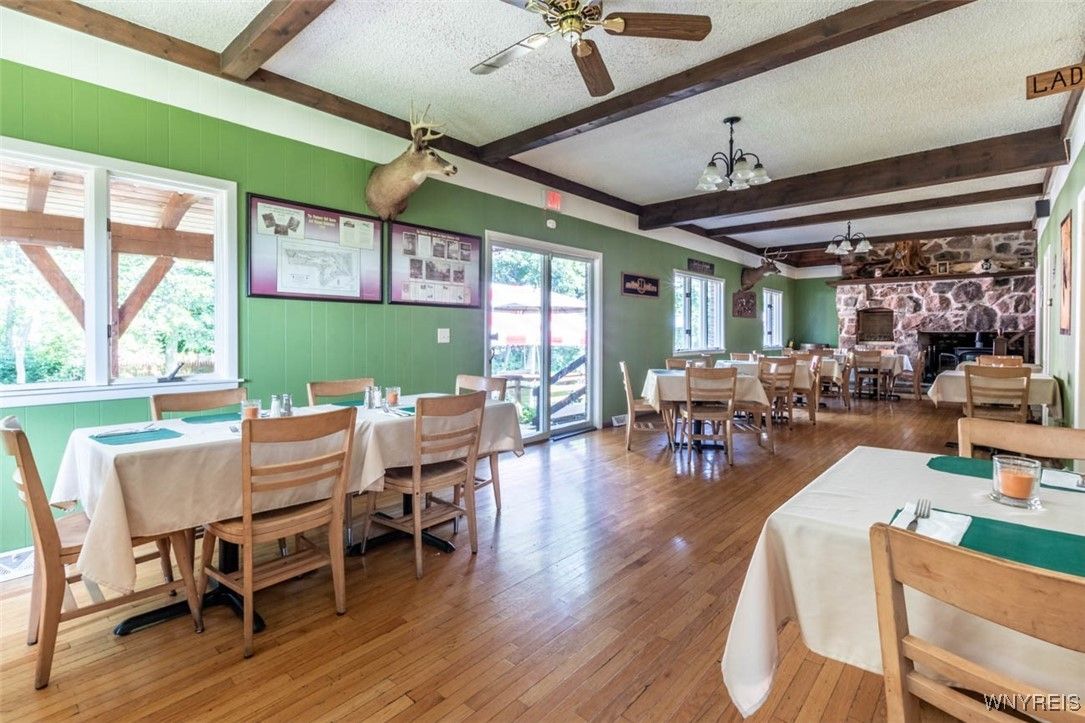 Dining room, Fireplace, Interior, Wooden Beams, Wood Texture Flooring