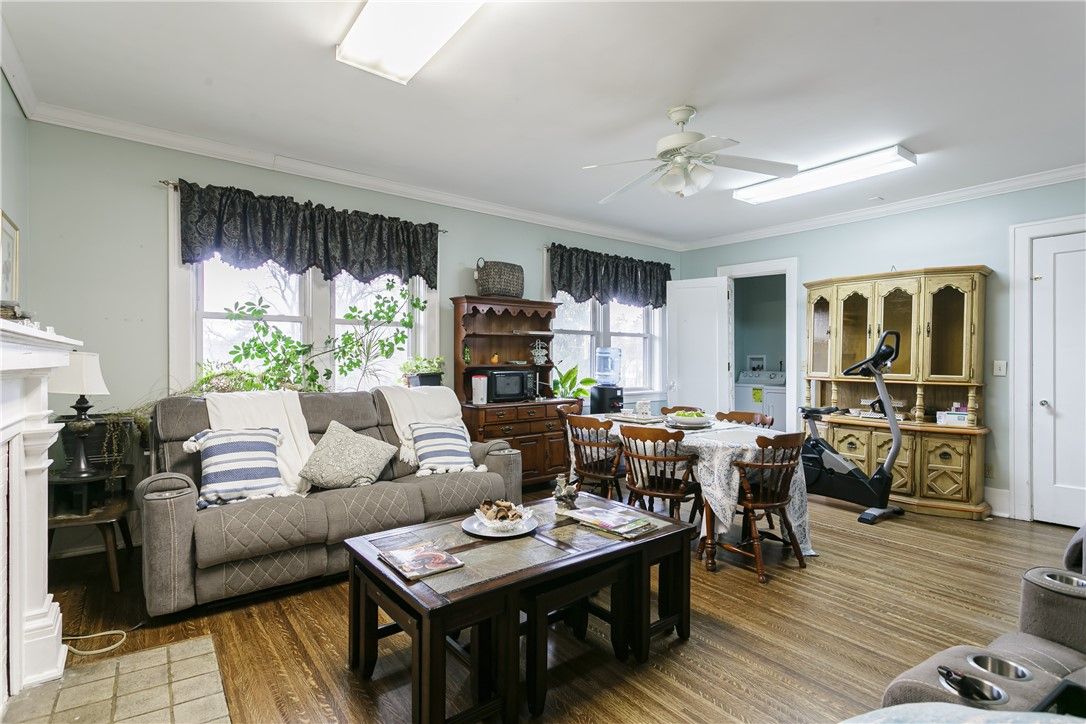 Dining room, Fireplace, Interior, Living room, Wood Texture Flooring