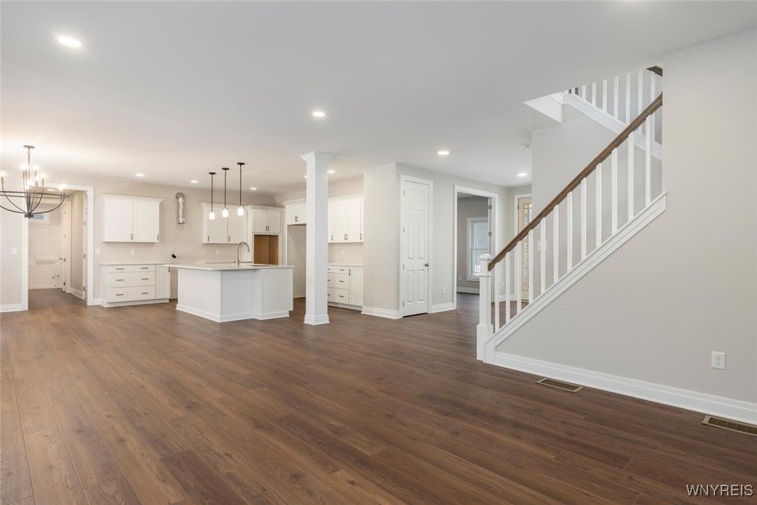 Chandelier, Interior, Kitchen, Pendant Lights, Recessed Lighting, Wood Texture Flooring