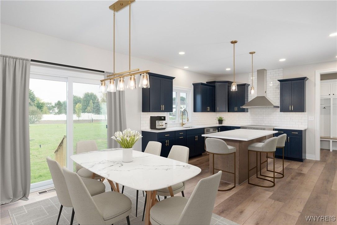 Dining room, Interior, Kitchen, Pendant Lights, Recessed Lighting, Wood Texture Flooring