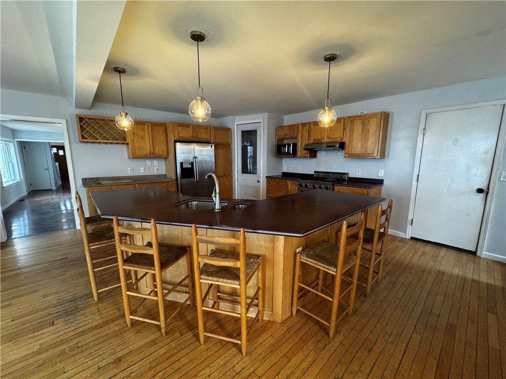 Interior, Kitchen, Pendant Lights, Stainless Steel Appliances, Wood Texture Flooring