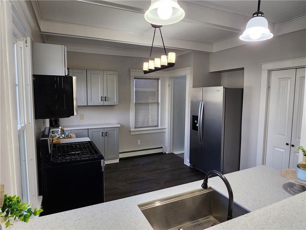 Interior, Kitchen, Pendant Lights, Stainless Steel Appliances, Wood Texture Flooring