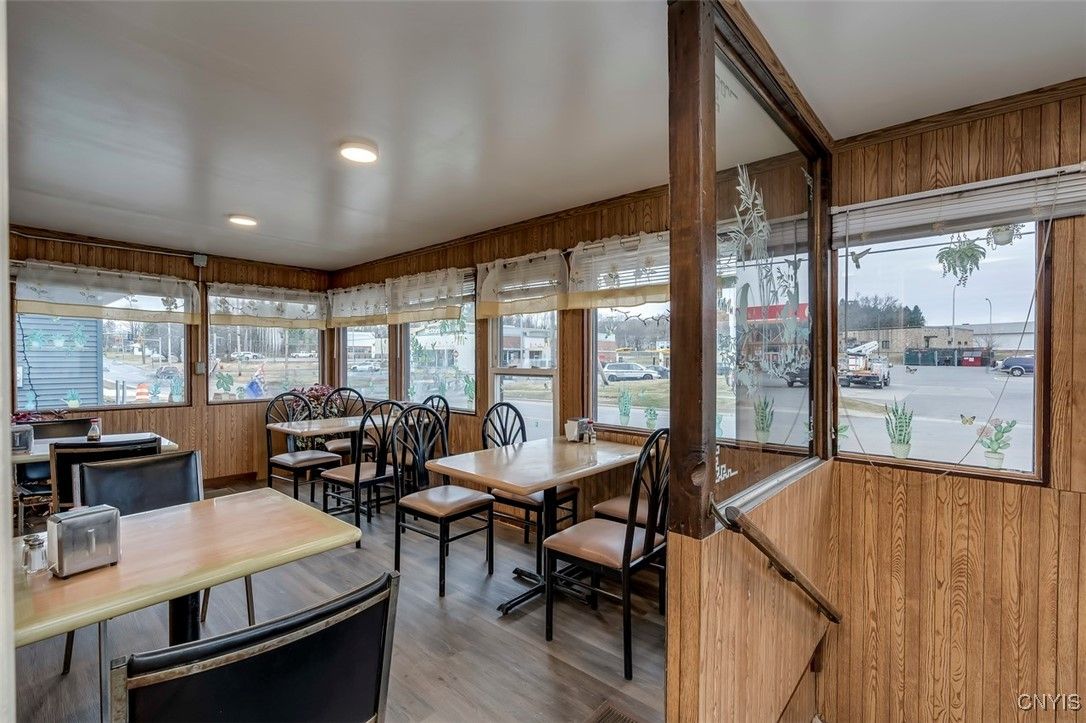 Dining room, Interior, Recessed Lighting, Wood Texture Flooring