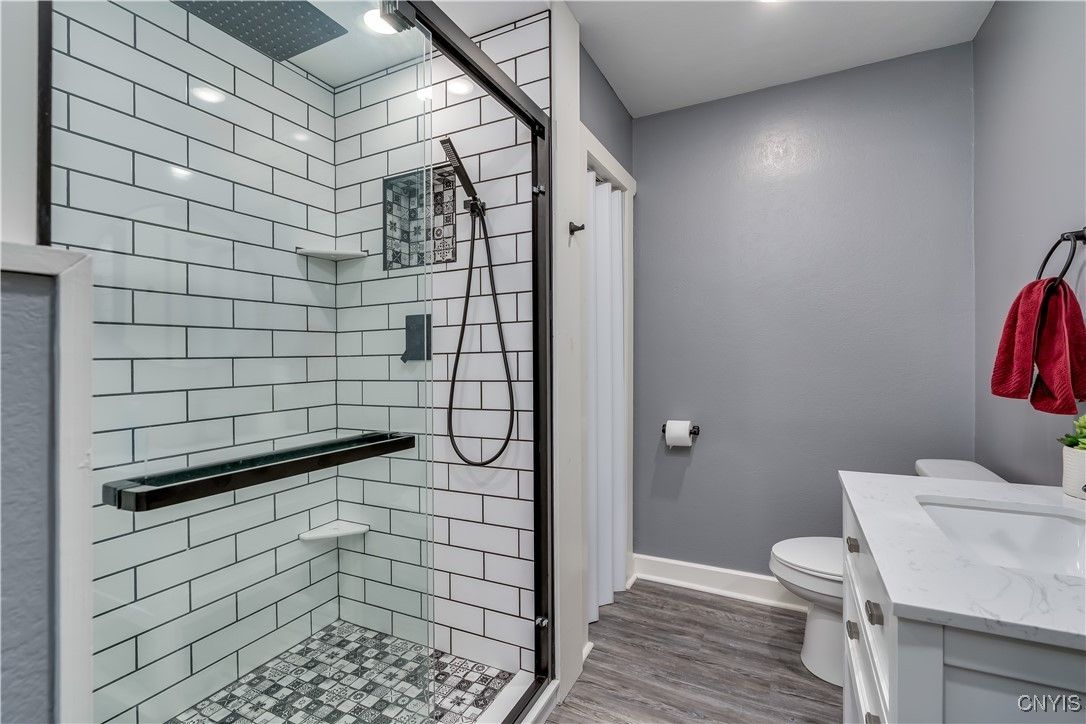 Bathroom, Glass Shower, Interior, Recessed Lighting, Wood Texture Flooring