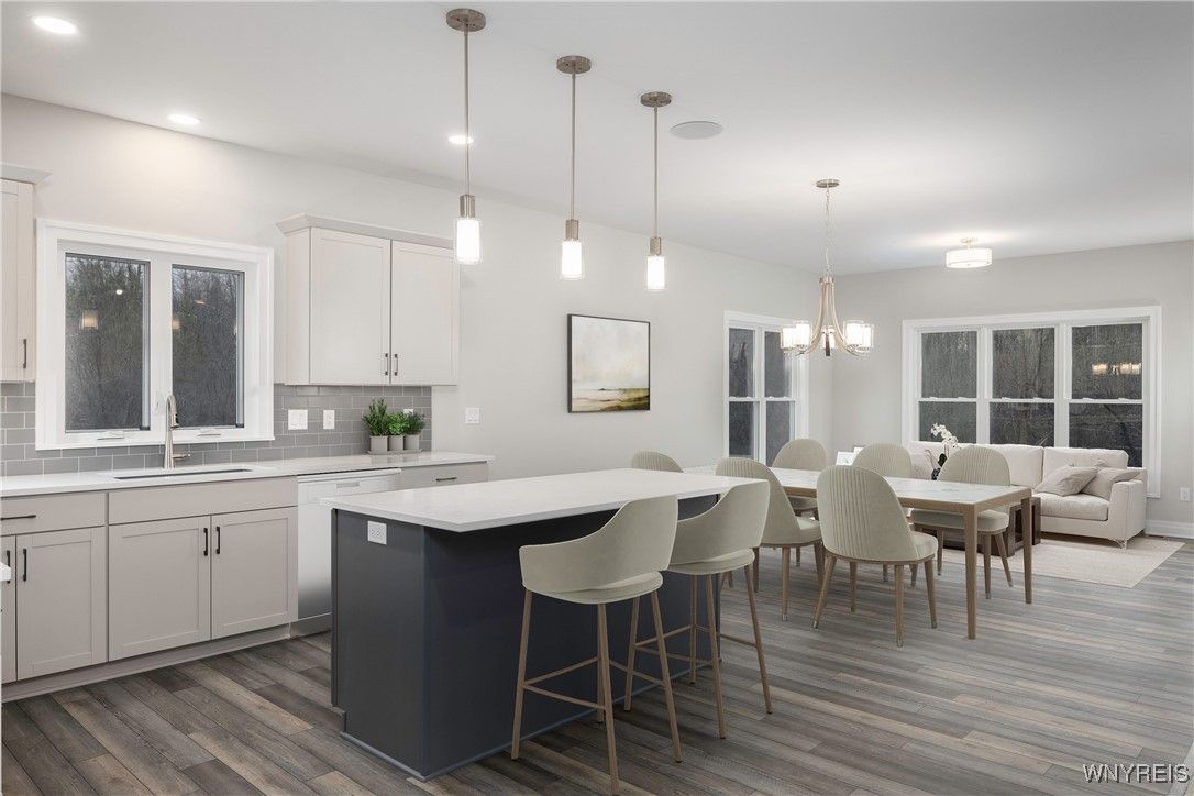 Dining room, Interior, Kitchen, Living room, Pendant Lights, Recessed Lighting, Wood Texture Flooring