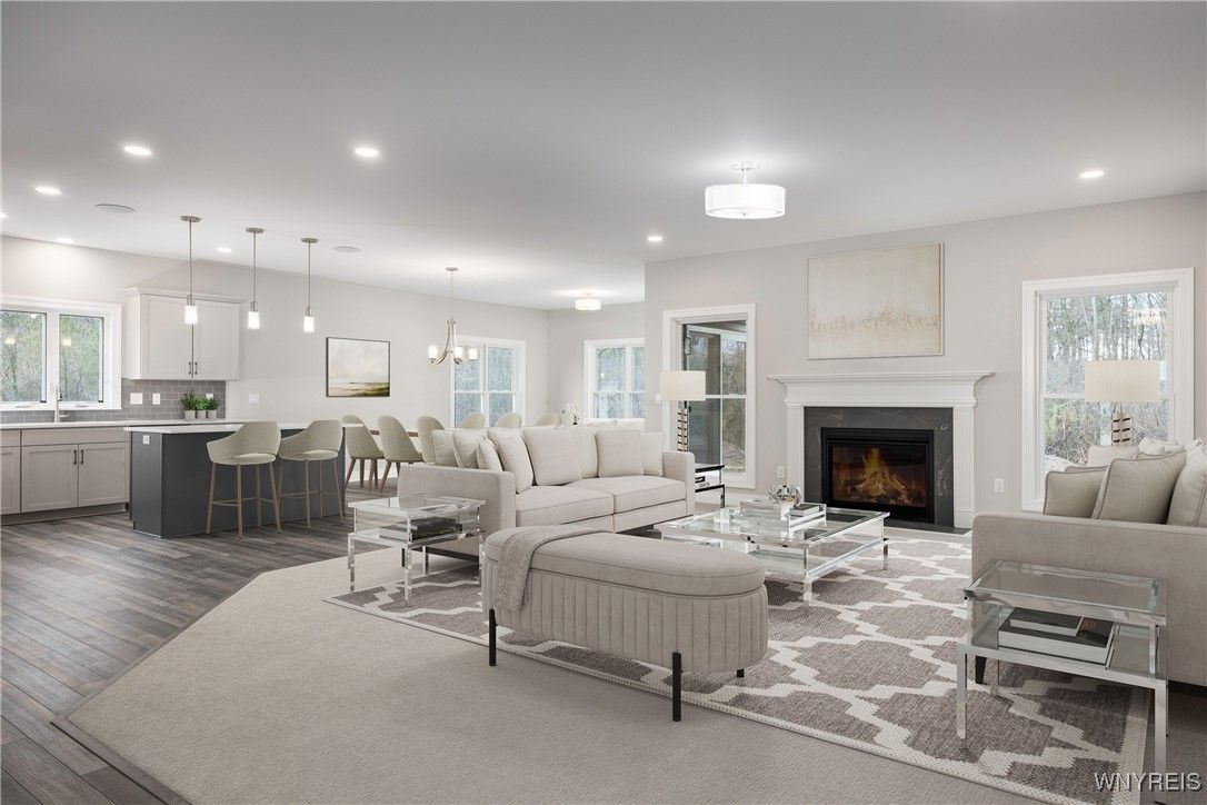 Dining room, Fireplace, Interior, Kitchen, Living room, Pendant Lights, Recessed Lighting, Wood Texture Flooring