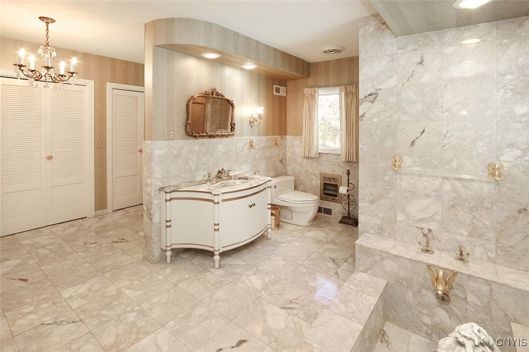 Bathroom, Chandelier, Interior, Marble Walls, Recessed Lighting