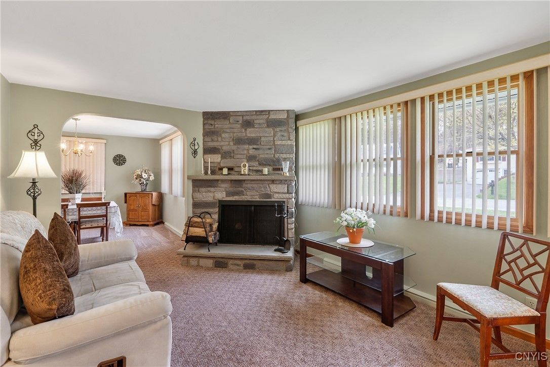 Dining room, Fireplace, Interior, Living room, Pendant Lights, Stone Walls