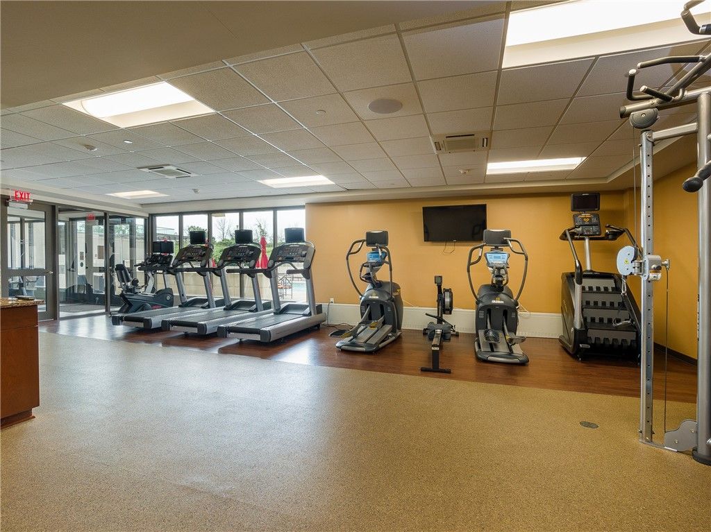 Fitness Equipment, Gym, Interior, Recessed Lighting, Wood Texture Flooring
