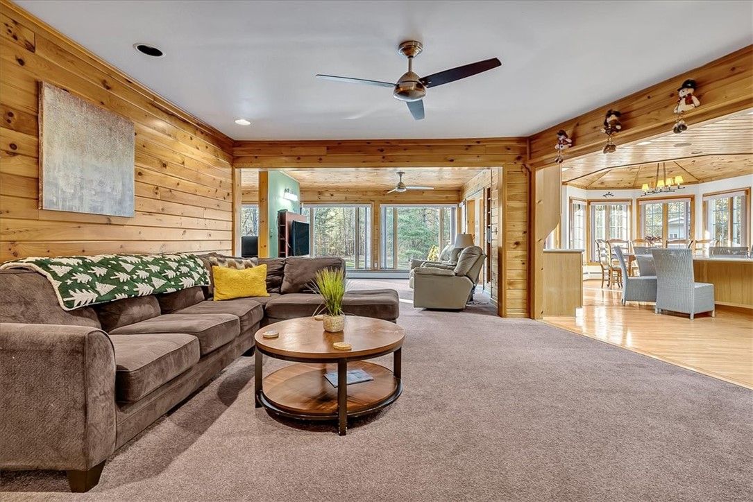 Dining room, Interior, Living room, Pendant Lights, Recessed Lighting, Wood Texture Flooring, Wooden Walls